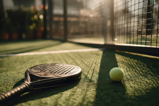 Enjoying summer days with padel racket and ball on turf court amidst a vibrant nature setting - Powered by Adobe