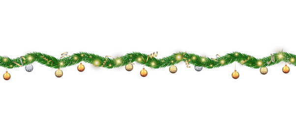 Garland of spruce branches. Christmas holiday decorations, realistic live fir tree effect with decorations for poster banners, png vector.	