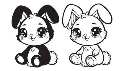 Vector illustration of cartoon bunny black and white drawing For children to learn to color according to the picture.
