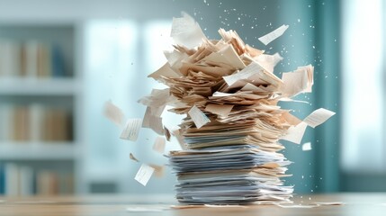 An artistic visualization of scattered papers reflects chaos and creativity, symbolizing the overwhelming complexity often found in the pursuit of knowledge and ideas.