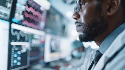 A focused scientist examines data on multiple screens, representing the intersection of technology and research, showcasing the essence of analytical work in the modern world.