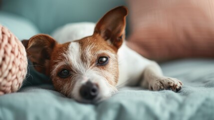 Obraz na płótnie Canvas A serene image of a relaxed dog lying on a soft bed, capturing the essence of comfort and companionship that pets bring into our lives and homes.