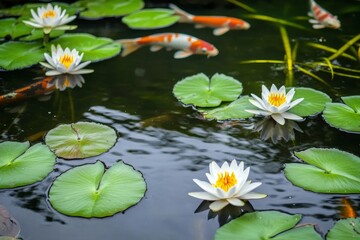A tranquil zen pond showcases vibrant koi fish swimming gracefully among striking water lilies. The peaceful atmosphere invites relaxation and contemplation