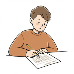Young boy working on a test and writing with a pencil at desk  