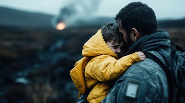 A poignant moment captures a father comforting his child in a warm embrace amidst a moody, dramatic landscape, illustrating themes of love, protection, and emotional connection. - Powered by Adobe