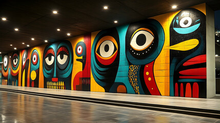 Vibrant, long mural featuring colorful, stylized faces and abstract shapes painted on a long wall under recessed lights