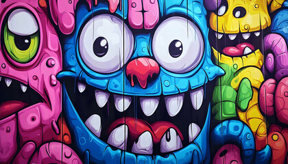Vibrant, whimsical graffiti art featuring cartoonish, colorful monsters with exaggerated features and playful expressions