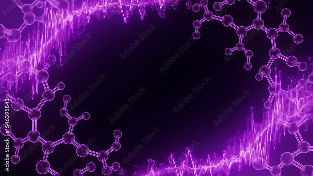 Poster abstract purple molecular structure animation with luminous waveforms for science education or prese