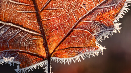 Obraz premium Macro: Delicate Frost Patterns on Autumn Leaf Surface 