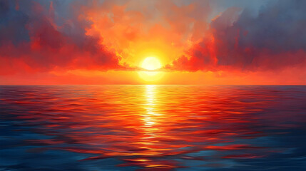 Vivid sunset over water, reflecting colors onto the surface. Sky ablaze with orange, red, and blue hues in clouds