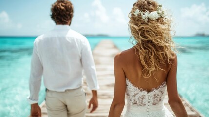 Fototapeta premium A romantic couple walking hand in hand on a sunny day by a serene ocean, embodying love and connection amid picturesque tropical surroundings with blue waters.