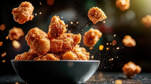 Crispy fried chicken pieces are shown mid-air, showcasing the appetizing texture and color, embodying culinary delight and the joy of indulgent eating experiences.