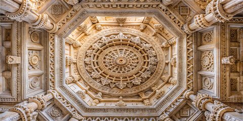 Obraz premium Exquisite ceiling features intricate floral and geometric patterns carved in stone, highlighting the craftsmanship of ancient artisans in a historic temple setting