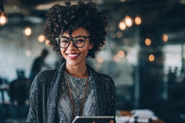 A confident businesswoman wearing glasses using a tablet in a modern office setting