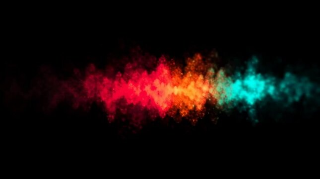 Vibrant colorful dust explosion with energetic particles creating dynamic digital motion and abstract visual effects on black background