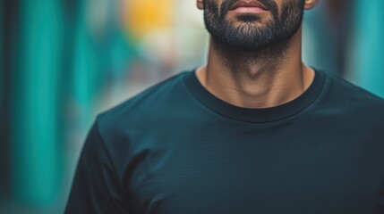 An artistic portrayal of a man standing in an urban environment, featuring a stylish black t-shirt that reflects contemporary fashion and a sense of individuality in modern life.