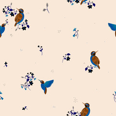 Colorful birds and delicate flowers create a whimsical pattern on a soft background in an artistic design