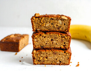 Stack of vegan banana bread slices showing walnuts and cashews with banana in background