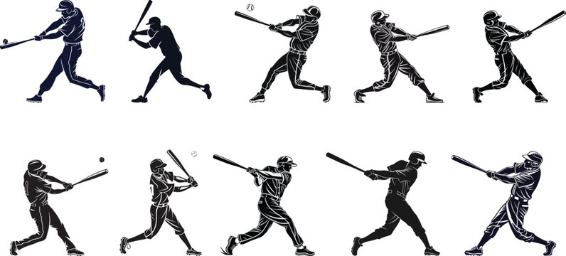 baseball player hitting logo silhouette set vector illustration