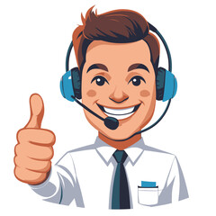 Cartoon woman in a blue suit and headset smiles while giving a thumbsup gesture