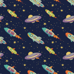 Naklejka premium Colorful space pattern with cartoon rockets UFOs stars and dots on a dark blue background
