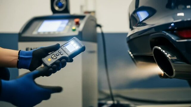 Hand holding diagnostic tool and checking vehicle pollution smoke. Car exhaust emissions test. 