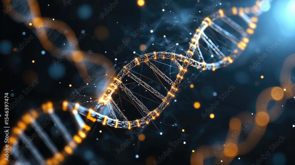 Poster DNA sequencing technology science glowing helix digital futuristic abstract innovation create dynamic scientific mood