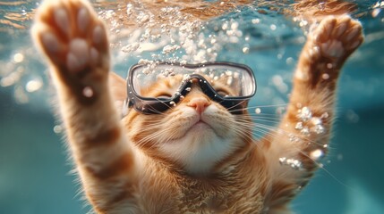 An adorable orange cat dons swimming goggles while submerged underwater, creating a humorous and playful scene, showcasing the charming personality of pets and their antics.