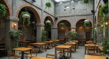 Obraz premium Tranquil indoor courtyard café with brick arches