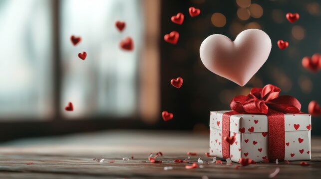 A beautifully wrapped gift box with a ribbon, surrounded by floating hearts, symbolizing love and affection, perfect for celebrations and special occasions to express heartfelt emotions.