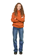 Full-body redhead portrait dreaming of achieving goals and purposes