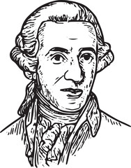 Fototapeta premium A refined black-and-white illustration of Carl Philipp Emanuel Bach with detailed 18th-century attire, suitable for music history displays, educational resources, or elegant vintage artwork