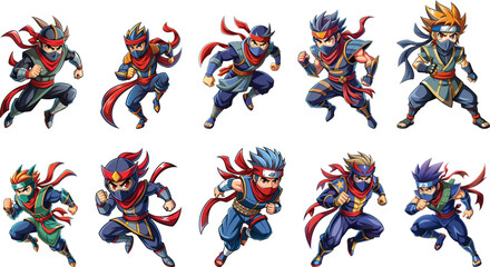 anime fighter cartoon character set vector illustration