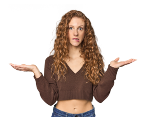 Simple redhead studio portrait confused and doubtful shrugging shoulders to hold a copy space.