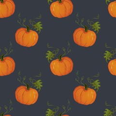 Seamless autumn pattern with pumpkin on dark background, harvest pattern, autumn illustration 