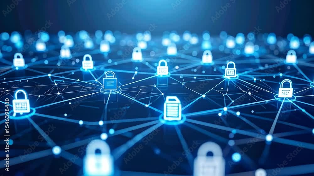 Aufkleber digital security and data protection in a connected network of glowing padlocks