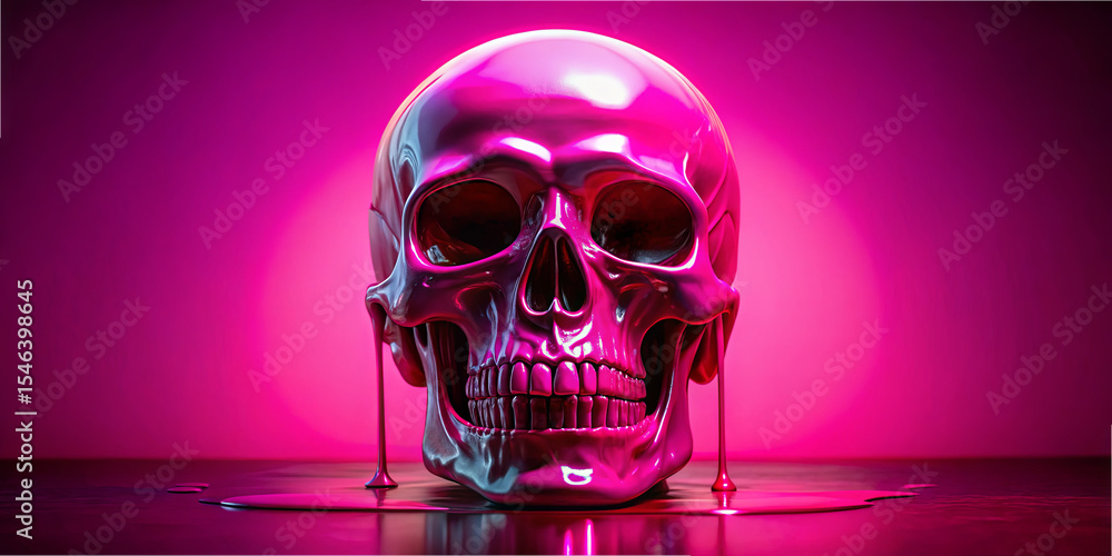 Aufkleber a glossy pink skull stands prominently in front of a gradient backdrop, with metallic sheen and drip