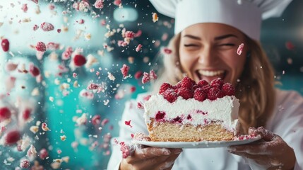 A smiling chef in a kitchen, holding a slice of cake topped with fresh raspberries, celebrates her culinary creation amidst an explosion of crumbs and joy.