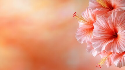 Fototapeta premium Close-up of beautiful orange hibiscus flowers against a smooth, softly blurred background, evoking feelings of warmth, beauty, and the enchanting essence of nature's artistry.