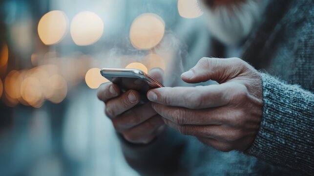 An elderly man uses a smartphone on a bustling street, merging modern technology with traditional values, illustrating the connection between generations and innovation.