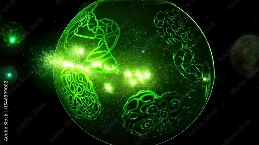 Poster glowing green sphere with neon patterns pulsing in cosmic space