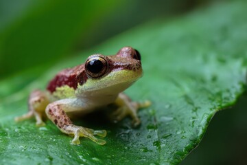 Obraz premium Small frog resting on a vibrant green leaf in a lush summer environment showcasing nature's beauty and tranquility