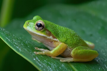 Small frog perched on a vibrant green leaf during a sunny summer afternoon in a lush natural habitat