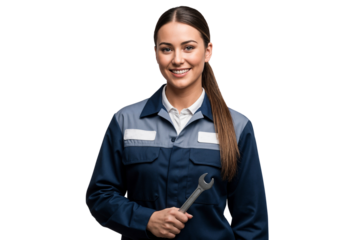 Female mechanic worker in uniform holding a wrench, smiling while posing on isolated background