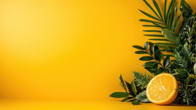 A refreshing composition featuring a juicy orange slice accompanied by lush green leaves against a vibrant yellow backdrop, symbolizing freshness and vitality.