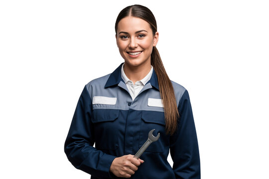 Female mechanic worker in uniform holding a wrench, smiling while posing on isolated background