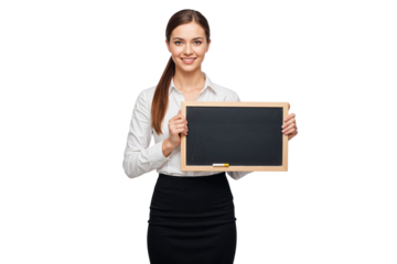 Smiling young business woman holding a blank chalkboard, ready for lesson or presentation. Isolated on transparent background
