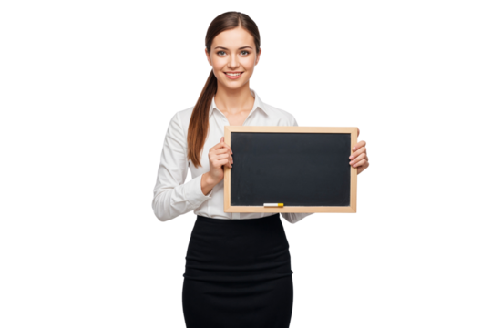 Smiling young business woman holding a blank chalkboard, ready for lesson or presentation. Isolated on transparent background - Powered by Adobe