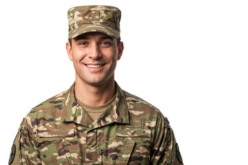 Portrait of a handsome man in military uniform with a cap, isolated on transparent background, representing military service and professionalism