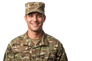 Portrait of a handsome man in military uniform with a cap, isolated on transparent background, representing military service and professionalism